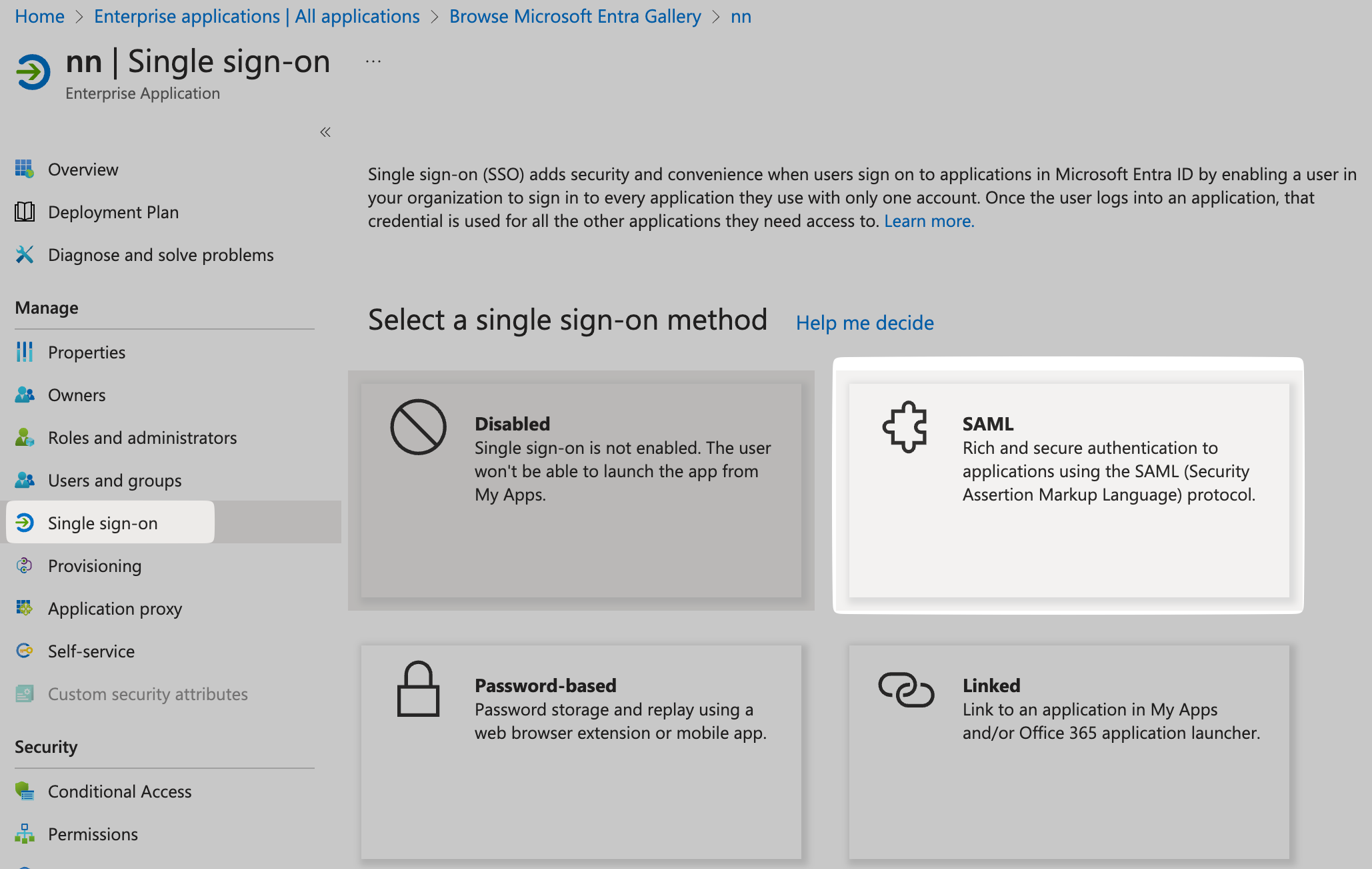Locate SAML under Single sign-on
