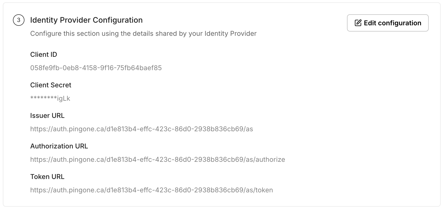 SSO Configuration Portal showing the Ping Identity Issuer URL after update