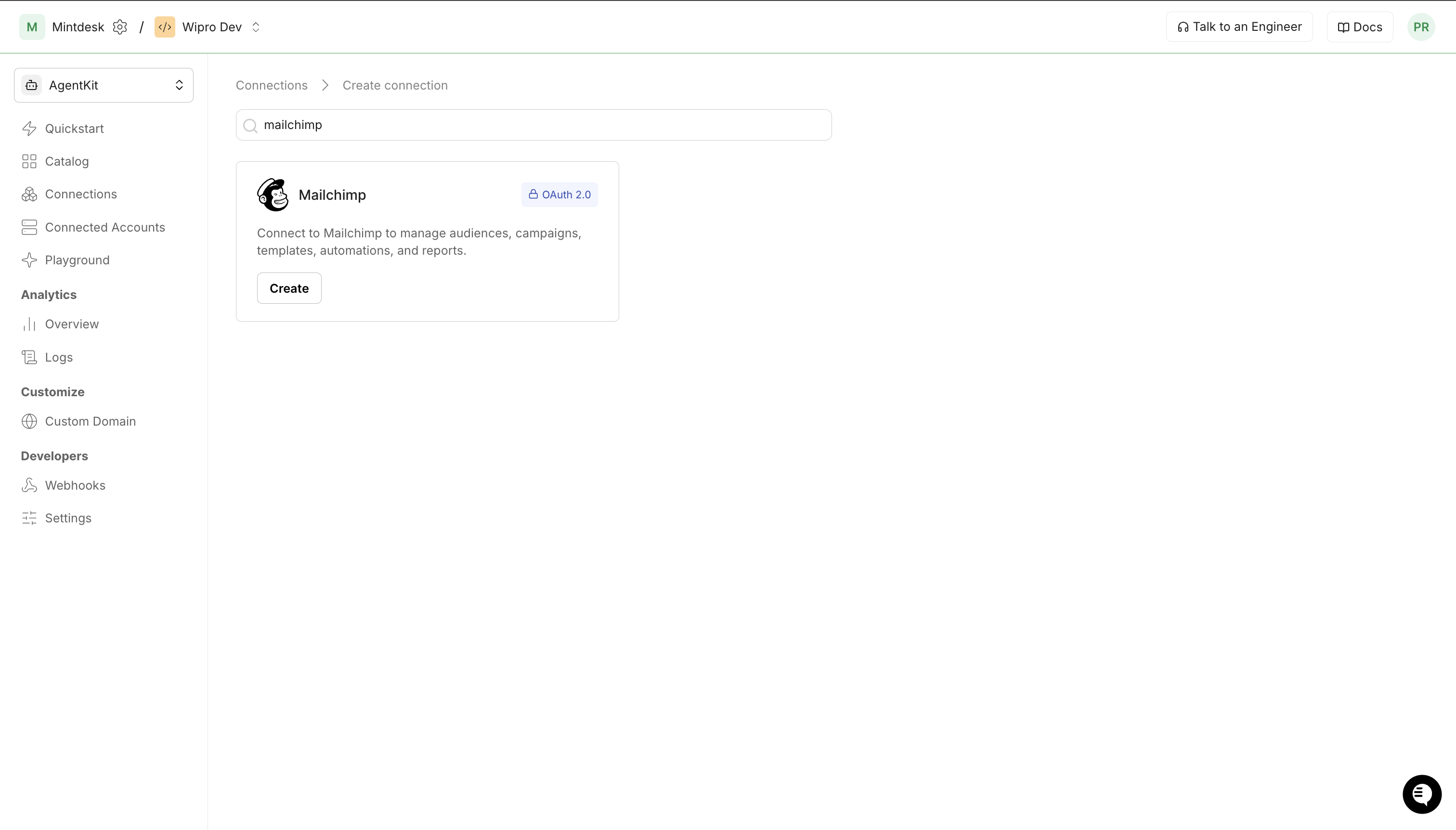 Mailchimp connector card shown in Scalekit's Create Connection search